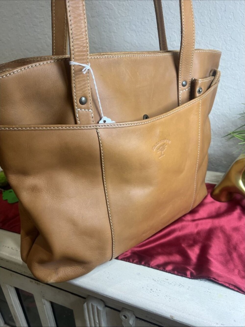 Ellington Cognac Brown Leather Shoulder Bag Whipstitch Trim Work Bag Travel - Picture 4 of 16